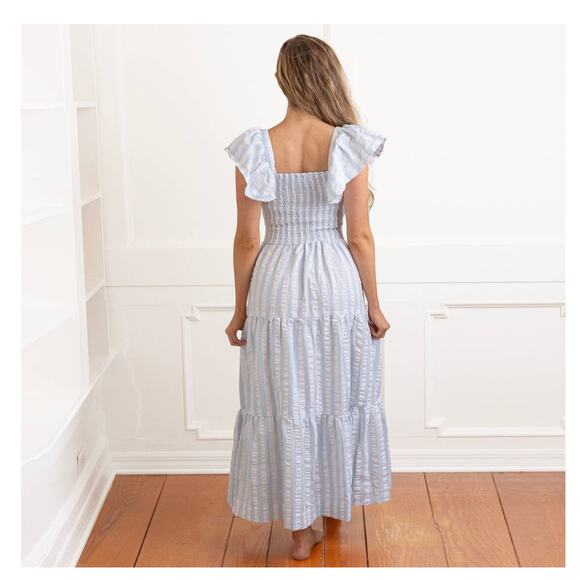 Blue & White Textured Stripe Smocked Flutter Sleeve Dress - Picture 2 of 7